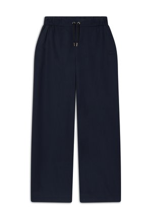 Pantaloni a gamba larga blu navy realizzati in un tessuto morbido, con una vita elastica dotata di cordoncino e senza tasche visibili o motivi.