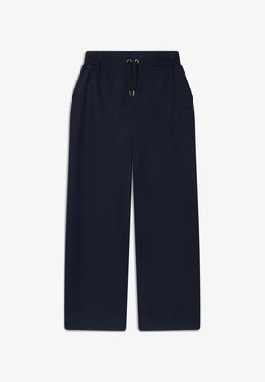 Pantaloni a gamba larga blu navy realizzati in un tessuto morbido, con una vita elastica dotata di cordoncino e senza tasche visibili o motivi.
