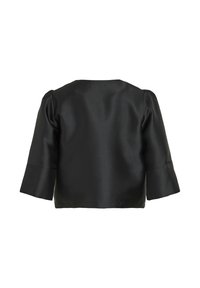 Svart satinblus med rund halsöppning, trekvartslånga ärmar och subtila puffdetaljer, med en slät och glänsande textur.
