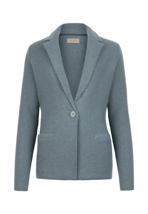 Blazer strutturato di un azzurro chiaro con revers a punta, chiusura con un solo bottone e due tasche frontali. Realizzato in morbido tessuto intrecciato.