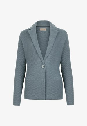 Jasnoniebieska teksturowana marynarka z klapami, zapinana na jeden guzik, z dwoma przednimi kieszeniami. Wykonana z miękkiej, tkanej tkaniny.