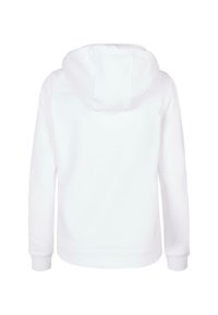 Sudadera blanca con capucha ajustable, puños de canalé y dobladillo. Textura suave con un diseño simple y sin patrones ni logotipos visibles.