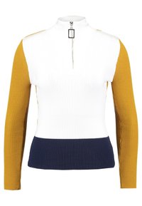 Ribbed zip-up sweater featuring a color-block design with white, mustard yellow, and navy blue sections. Long sleeves with fitted cuffs.