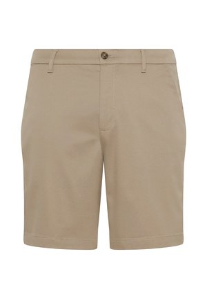 Shorts beige sur mesure avec passants pour ceinture, fermeture avant à boutons et poches latérales, présentés sur un fond blanc.