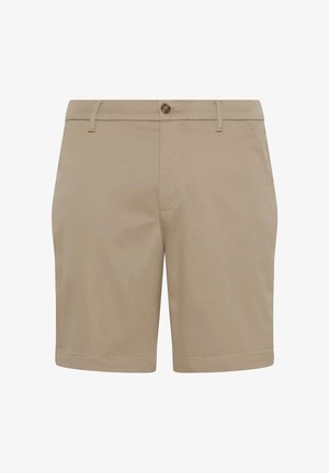 Beige taillierte Shorts mit Gürtelschlaufen, vorderer Knopfleiste und Seitentaschen, präsentiert vor weißem Hintergrund.