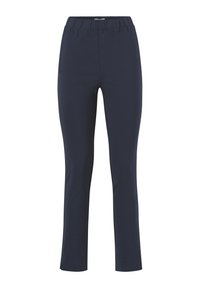 Pantaloni blu navy realizzati in tessuto elasticizzato, con una vasta cintura elastica, vestibilità slim e gamba dritta. Texture liscia senza motivi visibili.