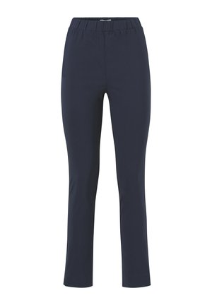 Marineblauwe broek gemaakt van stretchstof, met een brede elastische tailleband, slim fit en rechte pijpen. Gladde textuur zonder zichtbare patronen.