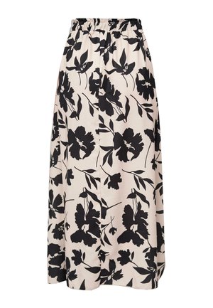 Maxi skirt in beige with black floral pattern, elastic waistband, flowing A-line silhouette, and soft fabric texture.