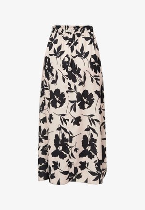 Jupe maxi beige avec motif floral noir, taille élastique, silhouette évasée fluide et texture de tissu douce.