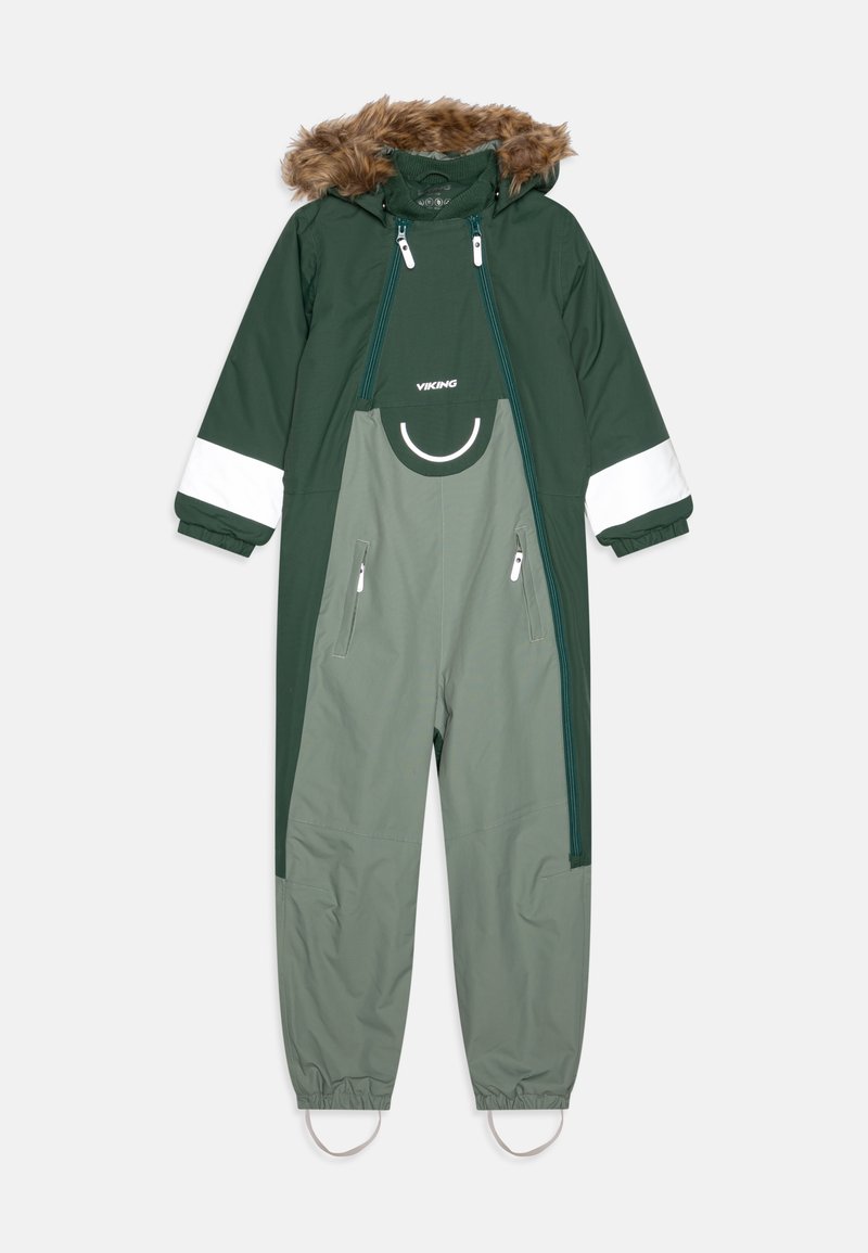 Green one-piece snowsuit with detachable fur-lined hood, zippered front, white accents, and adjustable cuffs, made from water-resistant material.