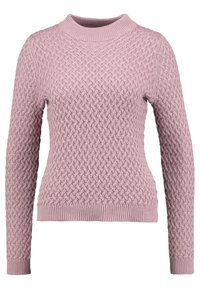 Light pink knitted sweater featuring a textured diamond pattern, round neck, and long sleeves with ribbed cuffs and hem.