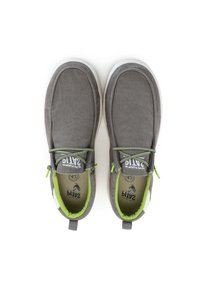 Gray fabric slip-on shoes with green accents, round toe, minimalistic design, textured upper, and elastic laces for easy wear.