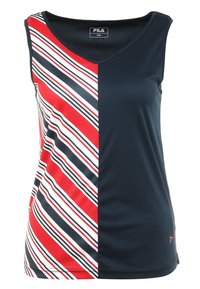 Tmavě modrý bezrukávový top s výstřihem do V. Levá strana má pruhovaný vzor v červené, bílé a tmavě modré barvě; pravá strana je jednobarevná tmavě modrá. Hladká textura.