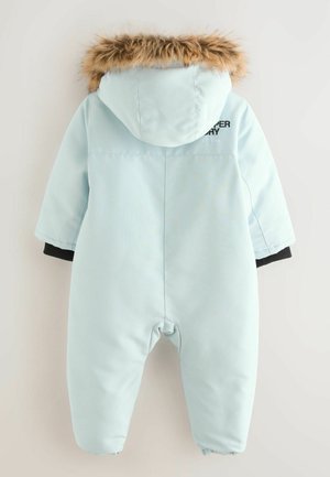 Hellblauer Kinder-Schne overall mit einer Kapuze mit Kunstfellfutter, schwarzen Akzentärmeln und Logo auf dem Rücken. Wasserdichtes Material, elegantes Design.