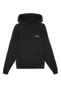 Svart hoodies i våffelstruktur, med framficka, ribbade muddar och guld broderad logotyp på bröstet.