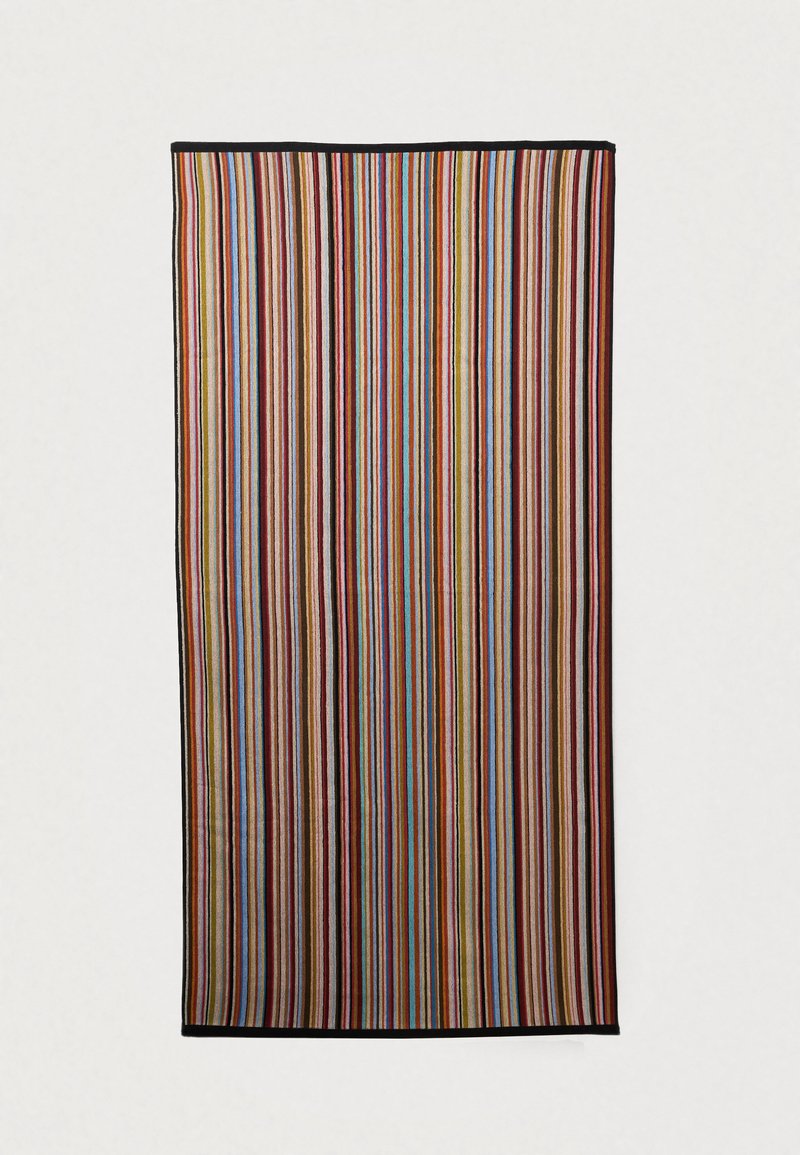 Mehrfarbiges gestreiftes Textil mit dünnem schwarzem Rand. Enthält vertikale Streifen in Rot, Blau, Gelb, Braun und Beige. Weiche Textur.