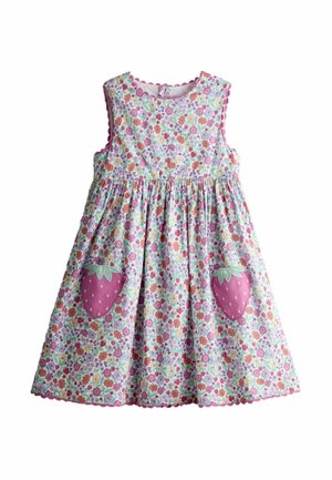 Sukienka bez rękawów dla malucha z wielokolorowym kwiatowym nadrukiem oraz różowymi kieszeniami w kształcie truskawek na spódnicy, z falowanymi krawędziami na dekolcie i dole.