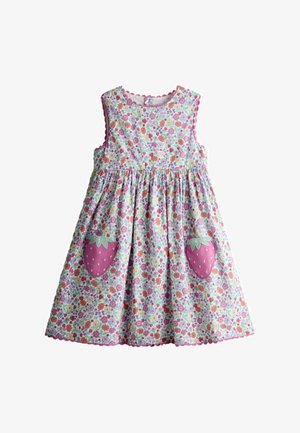 Rochiță fără mâneci pentru copii mici, cu imprimeu floral multicolor și buzunare roz în formă de căpșuni pe fustă, margini ondulate la decolteu și tiv.