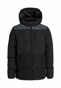 Schwarze Daunenjacke mit abnehmbarem Kapuzen, grauem Schulterpanel, Reißverschluss vorne und an den Seitentaschen sowie gerippten Bündchen.