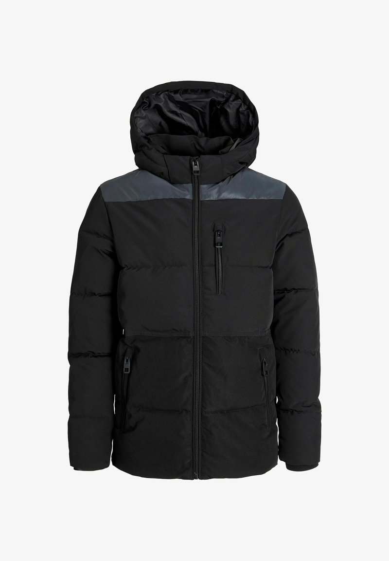 Schwarze Daunenjacke mit abnehmbarem Kapuzen, grauem Schulterpanel, Reißverschluss vorne und an den Seitentaschen sowie gerippten Bündchen.