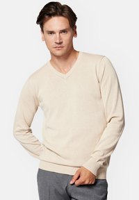 Beżowy sweter z dzianiny z dekoltem w kształcie litery V, prążkowanymi mankietami i dolną krawędzią. Gładka struktura i subtelne detale na rękawach. Model stoi z rękami na biodrach.