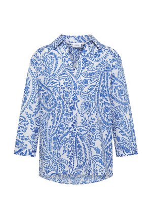 Hvid bluse med blå indviklet blomstret paisleymønster, lange ærmer, krave og knapper foran.
