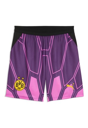 Short de sport à motifs géométriques violets et roses avec une ceinture noire, logos jaune Borussia Dortmund et Puma sur le devant.