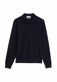 Navy langærmet polo sweater lavet af blødt stof, med en klassisk krave, ribbede mansjetter og kant. Enkel, uudpræget design.