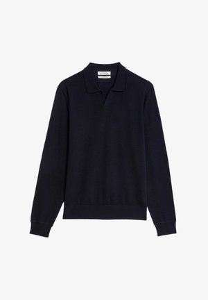 Navyfarbener Langarm-Polo-Pullover aus weichem Stoff, mit klassischem Kragen, gerippten Bündchen und Saum. Einfaches, ungeschmücktes Design.