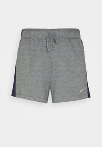 Pantalones cortos deportivos grises con cintura ajustable y paneles laterales en azul marino. Lleva el logotipo de Nike en la parte inferior derecha. Hechos de una tela suave y texturizada.