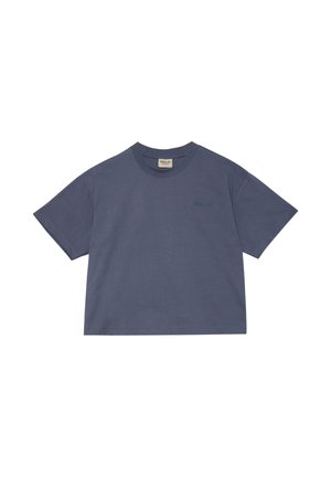 Kortärmad, lös passform i blågrå T-shirt med rund halsringning och subtil "HALO"-logotyp broderad på vänster bröst.
