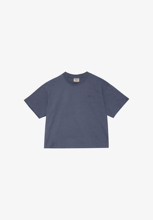 Korte mouw, losse pasvorm blauw-grijze T-shirt met ronde halslijn en subtiele geborduurde 'HALO'-logo op de linkerkant van de borst.