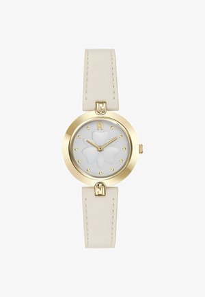 Zlaté kulaté hodinky s bílým květinovým vzorem na ciferníku, béžovým koženým řemínkem, zlatými indexy a malou korunkou na pravé straně.