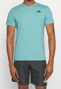 Světle modro-zelené tričko s krátkým rukávem a kulatým výstřihem, na levé části hrudi má malé černé logo. Nosí se s tmavými šortkami.