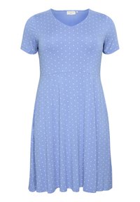 Vaaleansininen mekko, jossa on V-pääntie, lyhyet hihat ja valkoisia pallokuvioita. Valmistettu pehmeästä kankaasta, jossa on liehuva helma ja kerätty vyötärölinja.