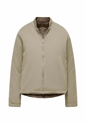 Lichtbeige bomberjack met een rits aan de voorkant, staande kraag en gevoerde binnenkant. Voorzien van zijzakken en een gladde, matte stoftextuur.