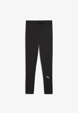 Czarne legginsy wykonane z elastycznego materiału, z szerokim pasem w talii i bocznymi kieszeniami. Biały logo znajduje się w pobliżu kostki.