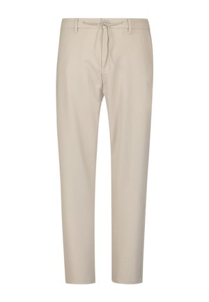 Beige Hosen aus leichtem Material mit einem Kordelzugbund, geraden Beinen und minimaler Ausstattung, geeignet für legere Freizeitoutfits.