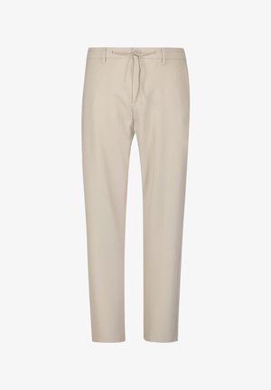 Beige broek gemaakt van lichtgewicht materiaal met een koord in de taille, rechte pijpen en minimale details, geschikt voor casual draag.