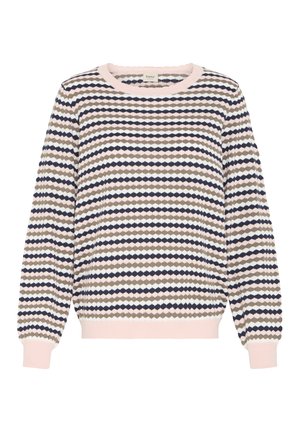 Kootud kampsun mitmevärviliste teemantmustritega laivahallis, beežis ja roosas. Omaduseks on ümara kaelusega ning soonikkoes mansetid ja alumine äär.