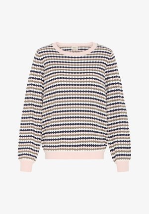 Gebreide trui met meerkleurige ruitpatronen in marineblauw, beige en roze. Voorzien van een ronde halslijn en geribbelde manchetten en zoom.