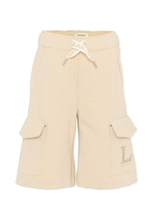 Beige cargo shorts tot op de knie met een taillekoorden, klepzakken aan de zijkanten en een subtiel Lanvin-logo op de linkerzak.