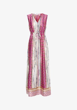 Robe maxi avec un décolleté en V et sans manches. Présente des rayures verticales roses, violettes et blanches avec des motifs géométriques au niveau de l'ourlet. Taille à cordon coulissant.