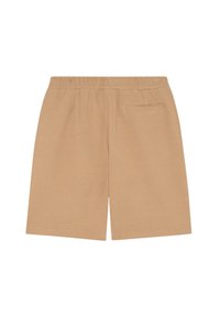 Pantaloni shorts beige in cotone con vita elasticizzata, taglio dritto e una tasca posteriore singola. Texture liscia e design di lunghezza media.