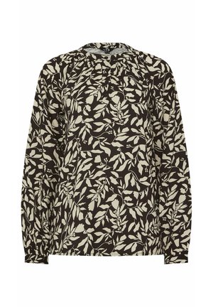 Zwarte blouse met lange mouwen, voorzien van een beige botanische bladerenprint, met een ronde halslijn en een voorlijf met drie knopen.