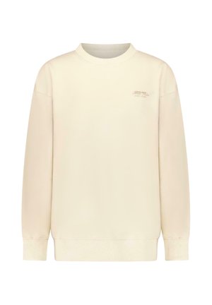 Lichtbeige sweatshirt met een ronde hals, lange mouwen, geribbelde manchetten en zoom. Voorzien van een klein, subtiel logo op de linkerborst.