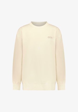 Lichtbeige sweatshirt met een ronde hals, lange mouwen, geribbelde manchetten en zoom. Voorzien van een klein, subtiel logo op de linkerborst.