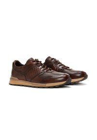 Brown leather sneakers featuring textured panels, lace-up design, contrasting light brown sole, and a smooth finish. Suitable for casual wear.
