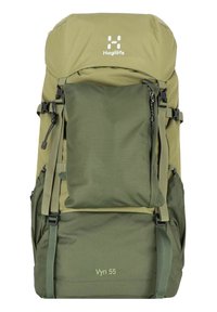 Zaino tipo duffel in tonalità verdi, dotato di spallacci regolabili, molteplici tasche e un flap superiore. Il materiale è resistente, con accenti texturizzati.