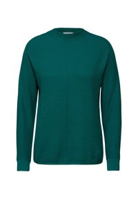 Teal långärmad tröja med ribbat mönster, rund hals och rak passform. Har en central söm på framsidan för extra detalj.
